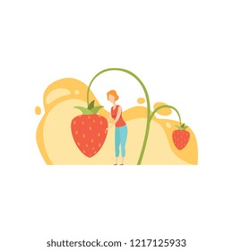 Young woman standing next to giant ripe wild strawberry vector Illustration on a white background