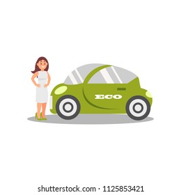 Young woman standing next green electric car, eco friendly alternative transportation vehicle vector Illustration on a white background