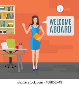 Young woman standing in office interior with workplace, stylized illustration