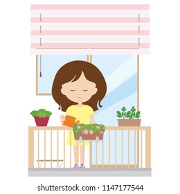 Young woman standing on a balcony holding a jug in her hand and watering flowers in a pot, window and blinds in the background - vector