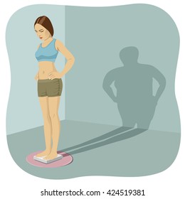 Young Woman Standing On Bathroom Scale With Shadow Shows Her Distorted Body Image