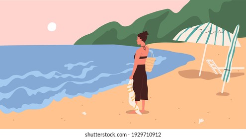 Young woman standing on beach and enjoying marine view and summer sunset at sea. Happy female character looking at ocean in evening. Tourist walking alone at seaside. Colored flat vector illustration