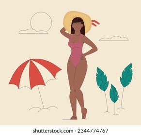 Young woman standing on beach and enjoying summer vector illustration.