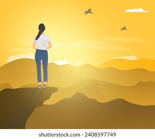 Mujer joven de pie sobre un acantilado mirando el amanecer alegremente, concepto de libertad, imagen de felicidad. Ilustración vectorial.