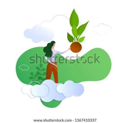 Young Woman Standing on Cloud and Pointing with Hand on Green Sprout Growing Up Isolated on White Background. Ecology, Plant Caring, Environment Protection. Cartoon Flat Vector Illustration. Icon.