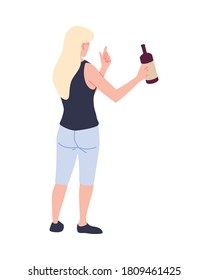 young woman standing on her back with a bottle of wine in hand vector illustration design