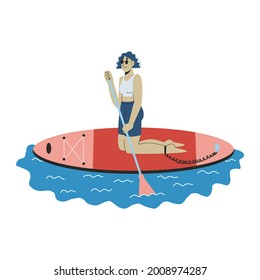 A young woman standing on her knees on the sup board. Kneeling woman paddling. Sup boarding outdoor activity. Flat vector illustration.