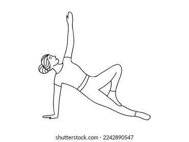 Young woman standing on her hand doing yoga exercise in side view. A girl doing stretching exercise of yoga stand on her hands doodle icon in vector.