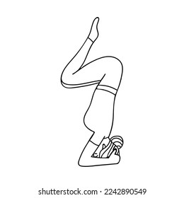 Young woman standing on her hand doing yoga exercise in side view. A girl doing stretching exercise of yoga stand on her hands doodle icon in vector.