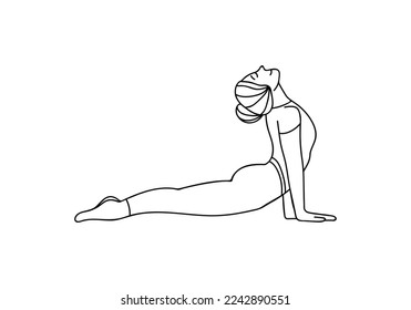 Young woman standing on her hand doing yoga exercise in side view. A girl doing stretching exercise of yoga stand on her hands doodle icon in vector.