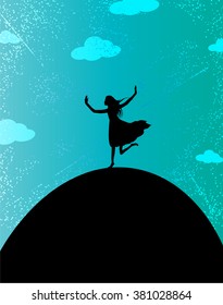 Young woman standing on a hill and praising God -Vector illustration