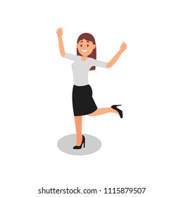 Young woman standing on one leg with hands up. Happy office worker in formal outfit. Flat vector design