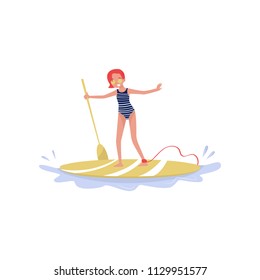 Young woman standing on paddle board, paddleboarding water sport cartoon vector Illustration on a white background