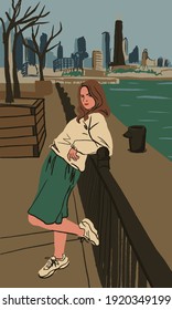 Young woman are standing on pier in Chicago city. Beautiful girl model posing on skyline view with skyscrapers. Vacation, tourism and travelling on America concept. Fashion vector illustration