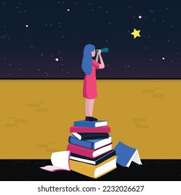 young woman standing on stairs made of books looking at stars with telescope. concept of children education, learning, development and growth, reaching future goals. vector illustration.