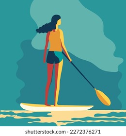 Young  woman standing on sup board isolated. Flat vector