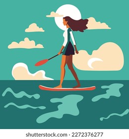 Young  woman standing on sup board isolated. Flat vector