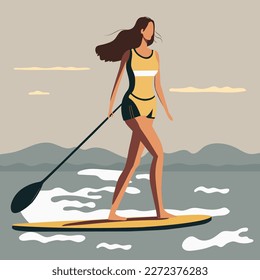 Young  woman standing on sup board isolated. Flat vector