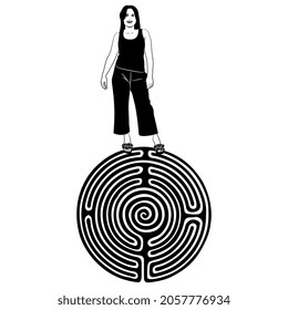 Young woman standing on top of a round spiral maze or labyrinth symbol. Creative concept. Feminism and female mystery. Black and white silhouette.