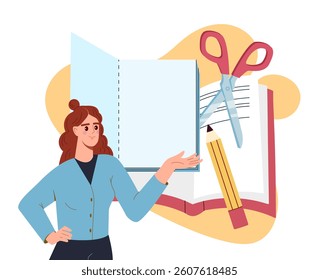 Young woman standing with open notebook, pencil, and scissors in flat cartoon style on white background. Concept of education and creativity. Vector illustration