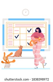 Young woman is standing, petting her cat. Funny girl walking with her domestic animal in her arms. Happy female cartoon character with her pet near list with points background. Owner with ginger kitty