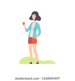 Young woman standing with plastic cup of drink, girl having outdoor bbq party vector Illustration on a white background
