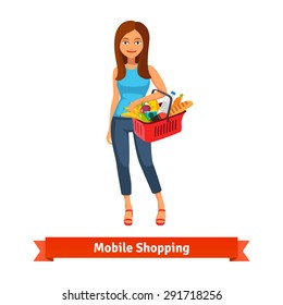 Young woman standing with plastic shopping basket full of groceries. Flat vector icon.