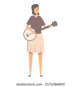 Young woman standing and playing banjo, folk, country or bluegrass music performance