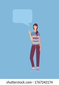 Young woman standing point finger to speech bubble vector cartoon illustration. Smiling girl hand gesture, showing or presenting something. Flat concept.