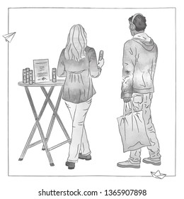 Young woman standing at a promotion table offering a product. A young man with a shopping bag passes by. Back views, hand-drawn illustration, doodle, for presentation.