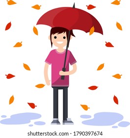 Young woman standing in the rain with umbrella. Fall of orange and red autumn leaves. Cartoon flat illustration. Protection from Bad windy weather
