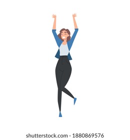Young Woman Standing with Raising Hands Celebrating Success Vector Illustration