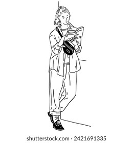 Young woman standing read a book Casual style city People Hand drawn line art Illustration