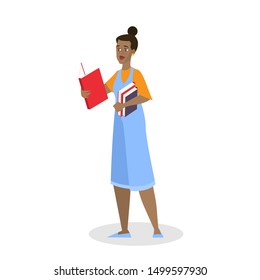Young woman standing and reading book concept. The person read in library. Girl hold book stack and study. Isolated vector illustration in cartoon style