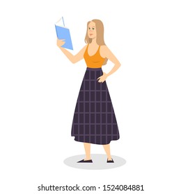 Young woman standing and reading book concept. The person read in library. Guirl study. Isolated vector illustration in cartoon style