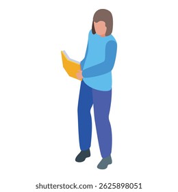 Young woman is standing and reading a book, depicted in an isometric icon style