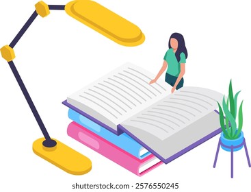 Young woman standing and reading a large open book placed on other books, under the light of a desk lamp, with a houseplant next to it, studying and learning, isometric illustration