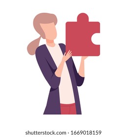 Young Woman Standing with Red Puzzle Element Flat Vector Illustration