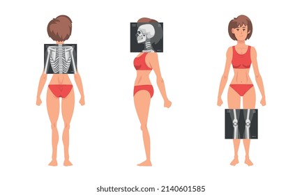 Young Woman Standing in Red Underwear with Her Skeleton X-ray Vector Set