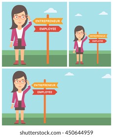 Young woman standing at road sign with two career pathways. Woman making a decision of her career pathway. Vector flat design illustration. Square, horizontal, vertical layouts.