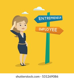 Young woman standing at road sign with two career pathways - entrepreneur and employee. Woman choosing career way. Woman making a decision of career. Vector flat design illustration. Square layout.