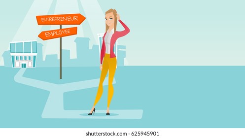 Young woman standing at road sign with two career pathways - entrepreneur and employee. Woman choosing career way. Woman making a decision of career. Vector flat design illustration. Horizontal layout