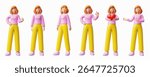 Young woman standing and showing different hand gestures, thumbs up 3D plastic style illustrations set. Cartoon smiling lady full length hold heart. Vector female character portrait in casual clothes