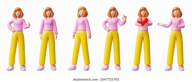 Young woman standing and showing different hand gestures, thumbs up 3D plastic style illustrations set. Cartoon smiling lady full length hold heart. Vector female character portrait in casual clothes