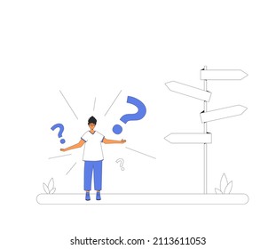 Young woman standing at signpost. Make a decision. Confused person thinking about the right path. Vector illustration in line art style.