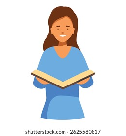 Young woman is standing and smiling while holding an open book