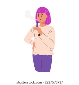 Young woman standing, smoking electronic cigarette. Nicotine addiction concept. Flat vector illustration isolated on white background