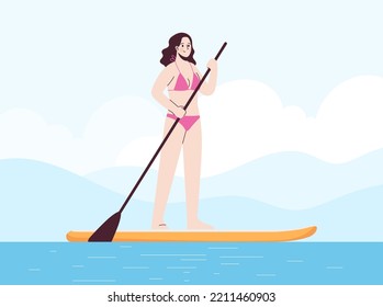 Young woman is standing in swimsuit on sup . Stand up paddle. Modern flat style illustration isolated on white background.