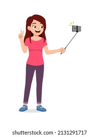 young woman standing and take selfie photo