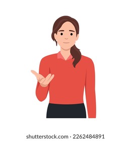 Young woman standing and talking with hand gesture trying to convict. Ask people to join. Flat vector illustration isolated on white background